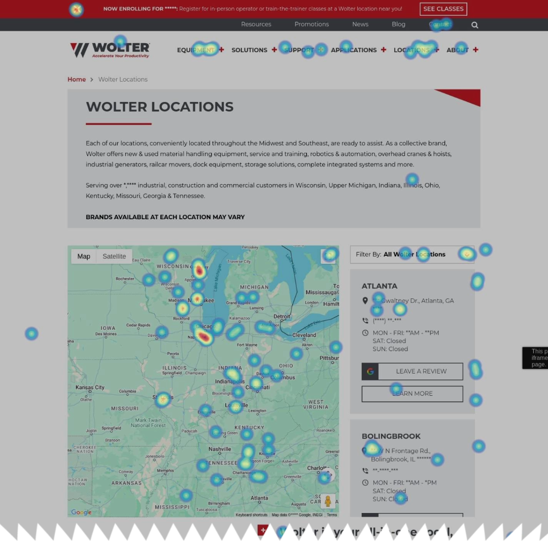 A Hotjar clickmap (type of heatmap) example collected from a client website.