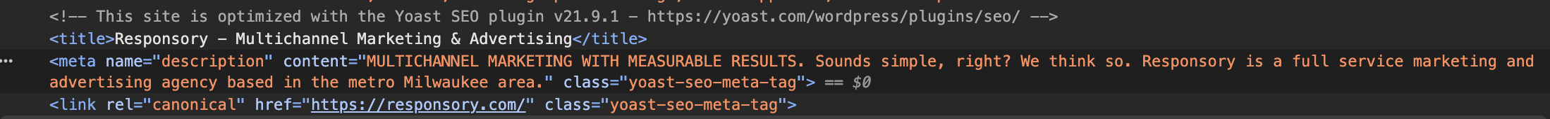 An example of how meta tags appear in our website's homepage code.