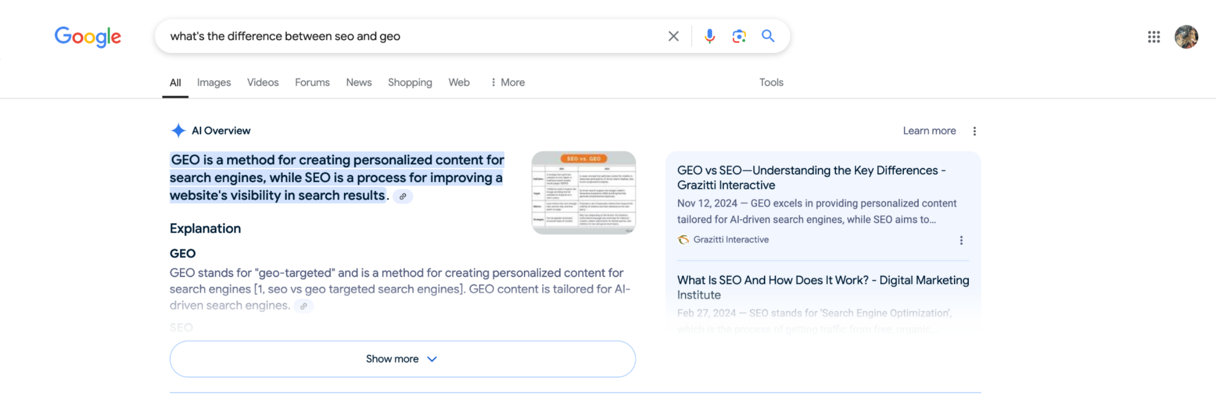 A screenshot of a Google search for "what's the difference between seo and geo" showing how generative engine optimization helps websites appear in AI Overviews