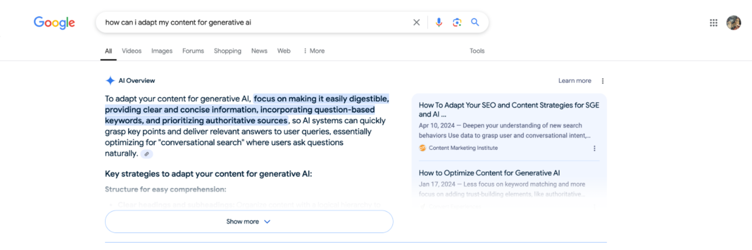 A screenshot of a Google search for "how can i adapt my content for generative ai" showing how generative engine optimization helps websites appear in AI Overviews