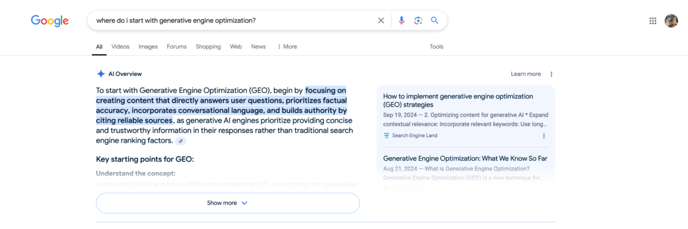 A screenshot of a Google search for "where do i start with generative engine optimization?" showing how generative engine optimization helps websites appear in AI Overviews.