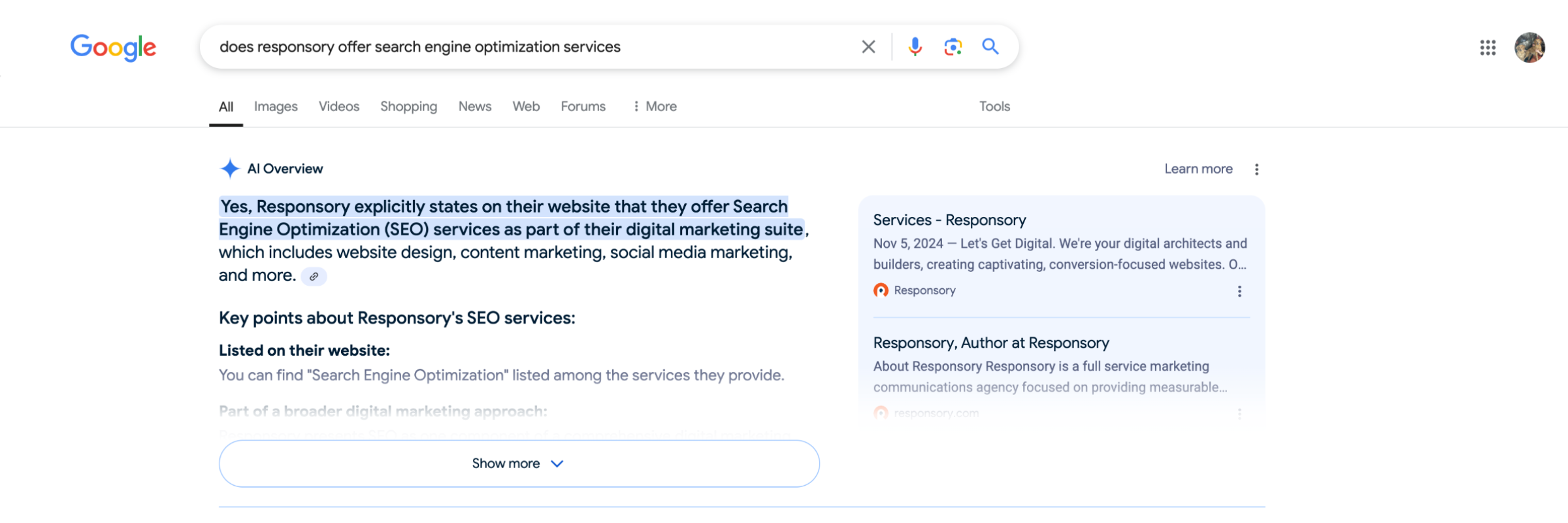 A screenshot of a Google search for "does responsory offer search engine optimization services?" showing how generative engine optimization helps websites appear in AI Overviews.