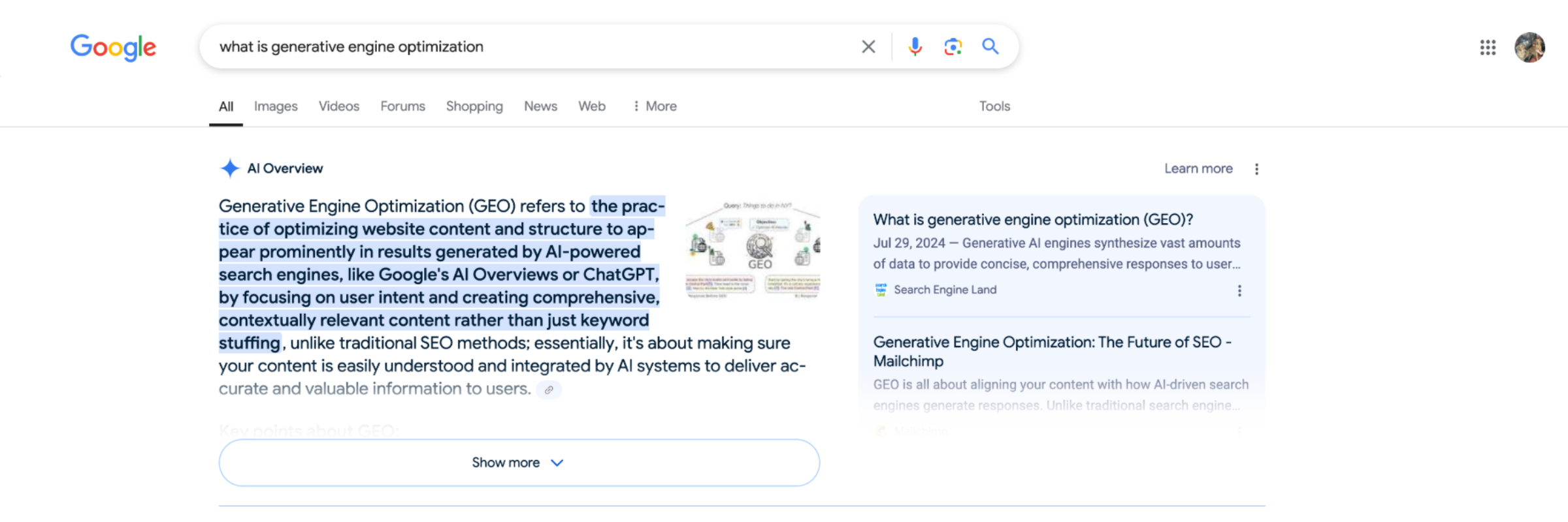 A screenshot of a Google search for "what is generative engine optimization?" showing how generative engine optimization helps websites appear in AI Overviews.